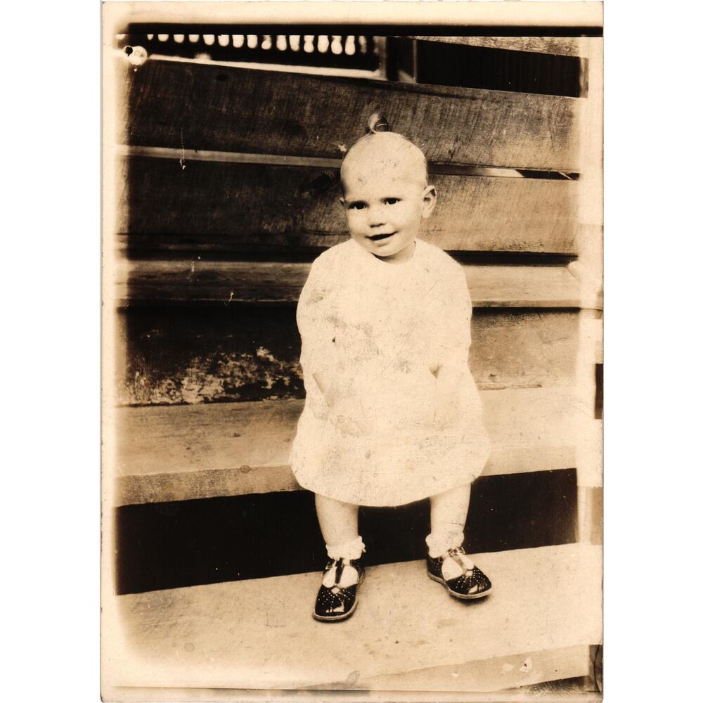 Vintage 1930s Baby‎ Toddler Photo Sepia Snapshot on Wooden Step Outdoors
